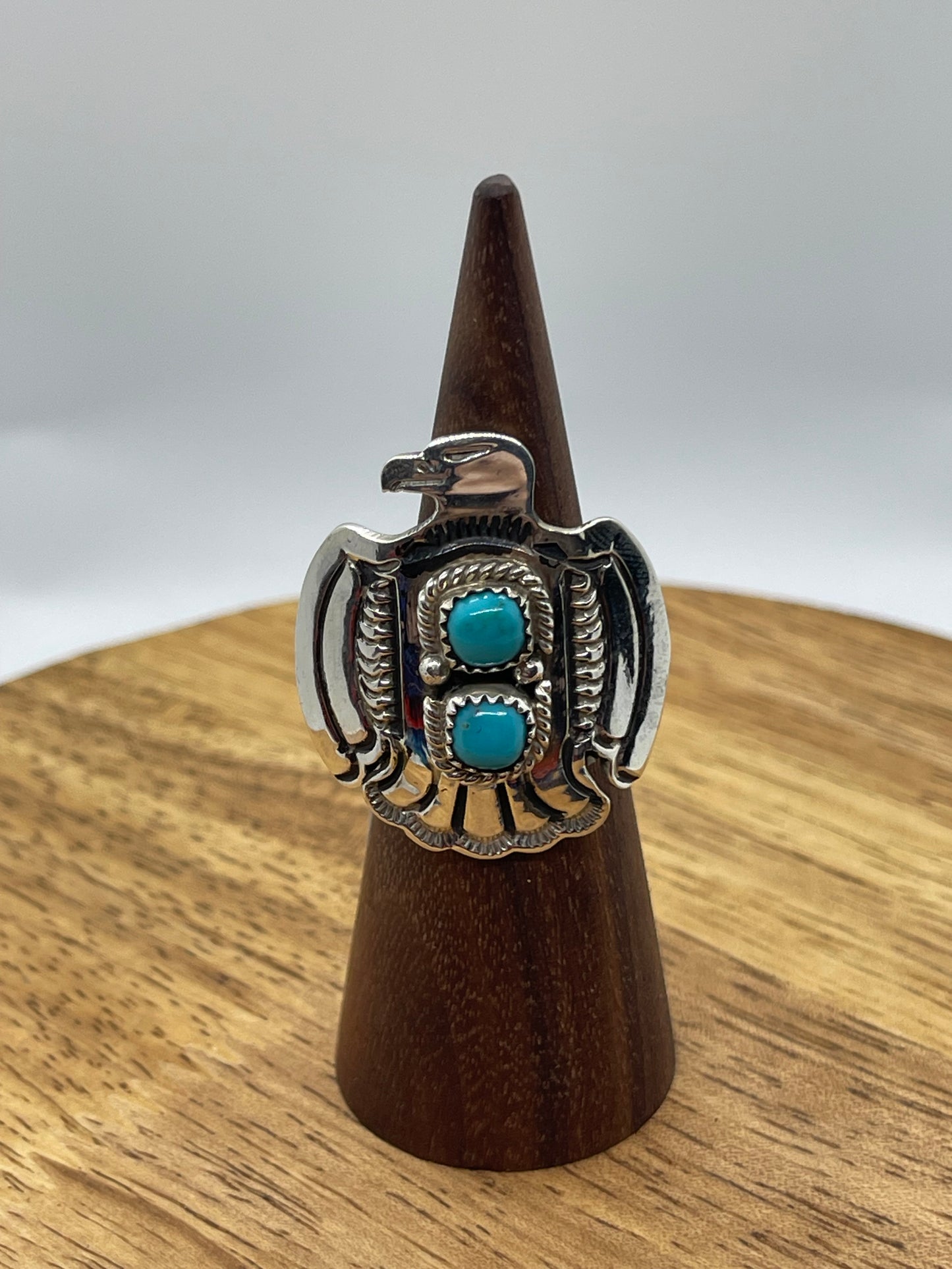 6.5 2 Stone Turquoise Thunderbird Ring by Alice Sanders, Navajo