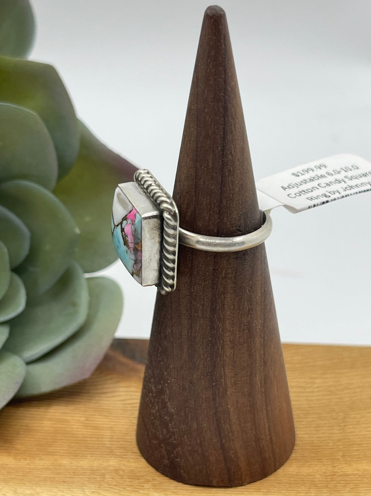 Adjustable 6.0-10.0 Cotton Candy Square Ring by Johnny Dixon, Navajo