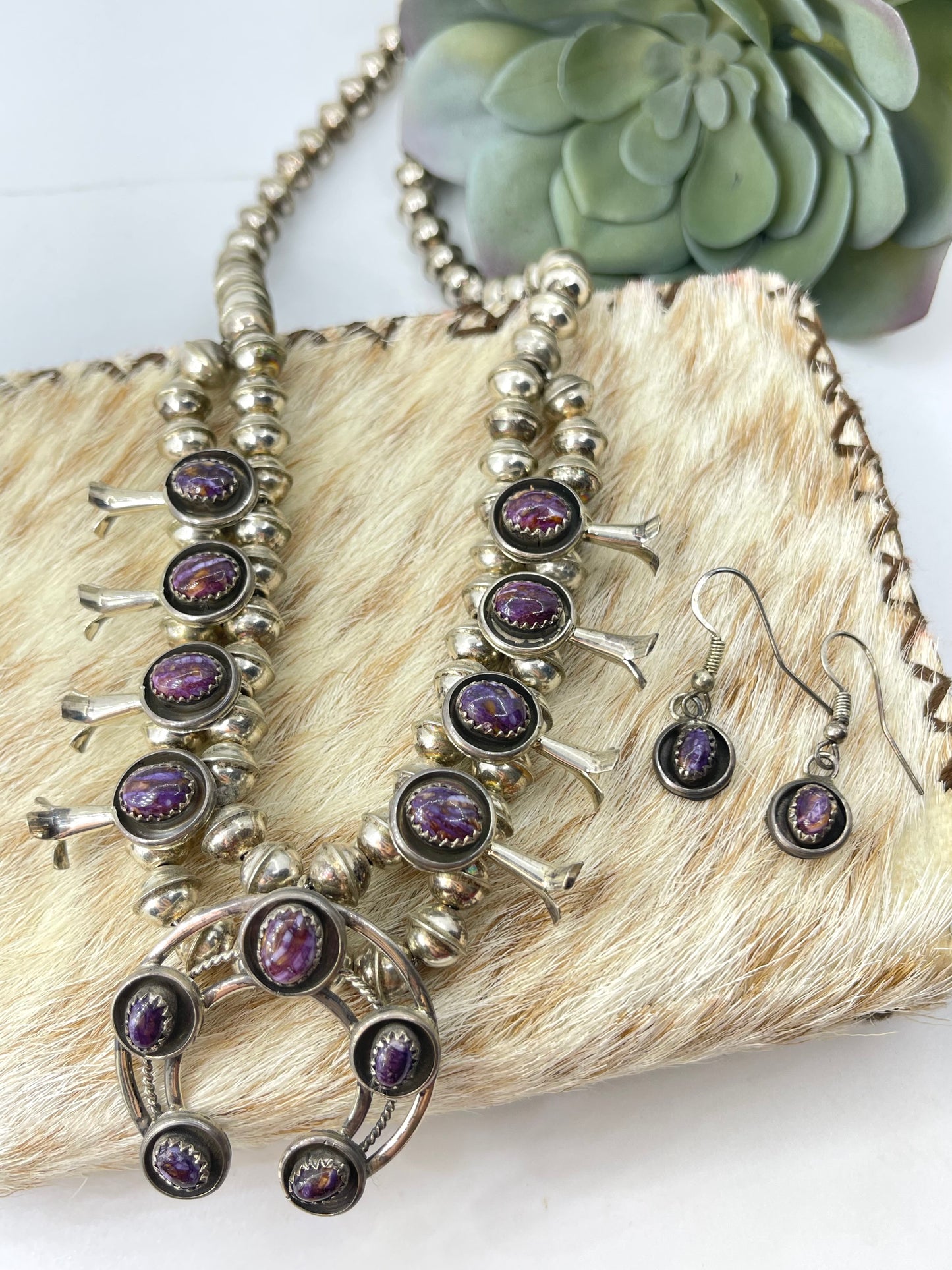 16" Purple Spiny Oyster Squash Blossom Necklace and Dangle Earrings By Phil Garcia, Navajo