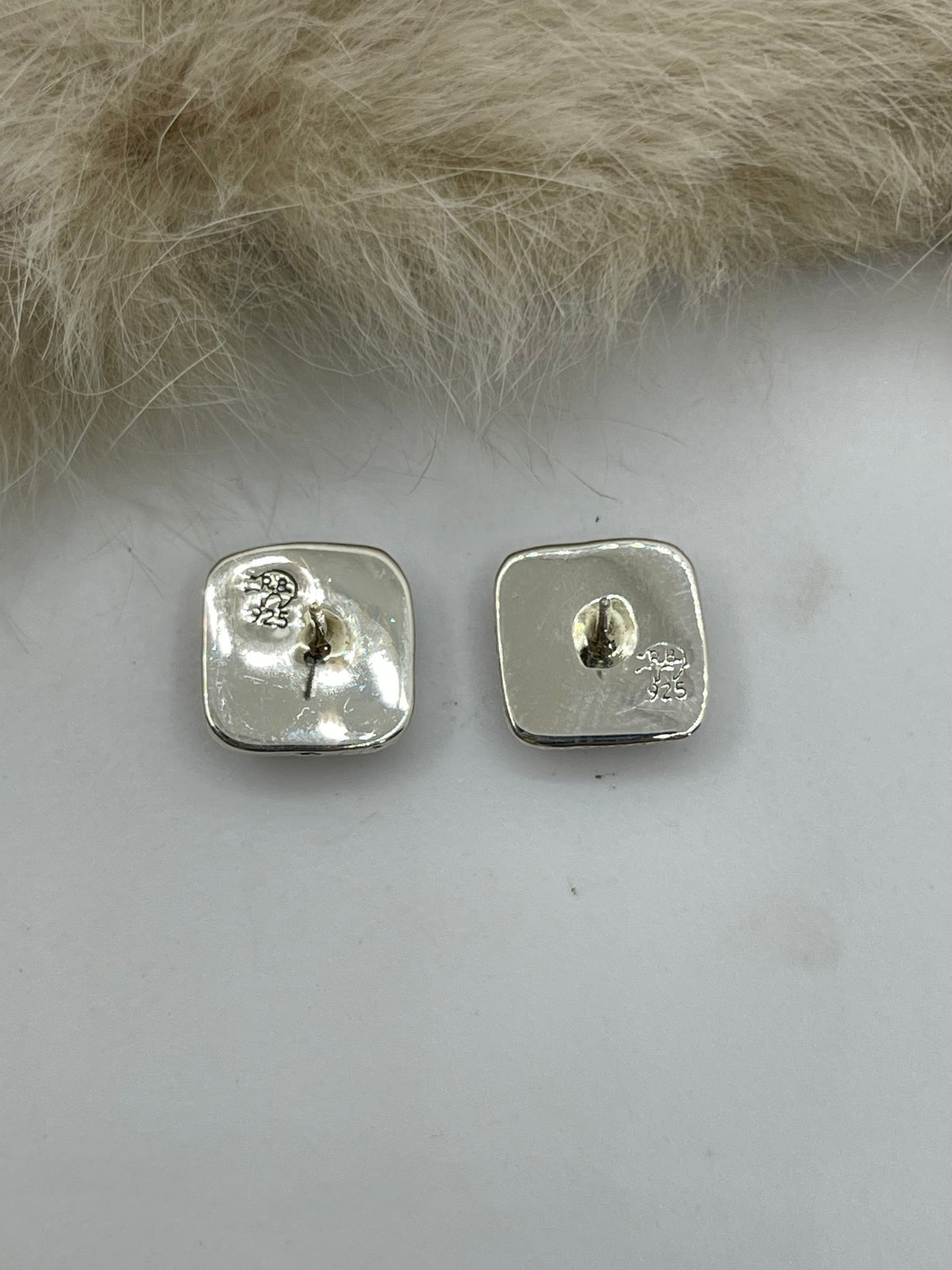 Square Pink Conch Shell Earrings by David Lopez, Navajo