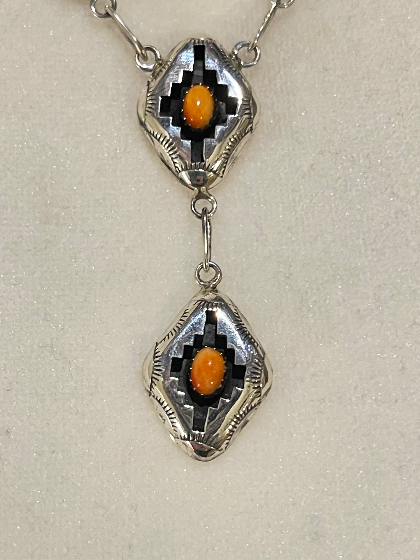 18" Orange Spiny Oyster Shell Shadowbox Lariat Necklace and Post Earrings Set by Felix Perry, Navajo