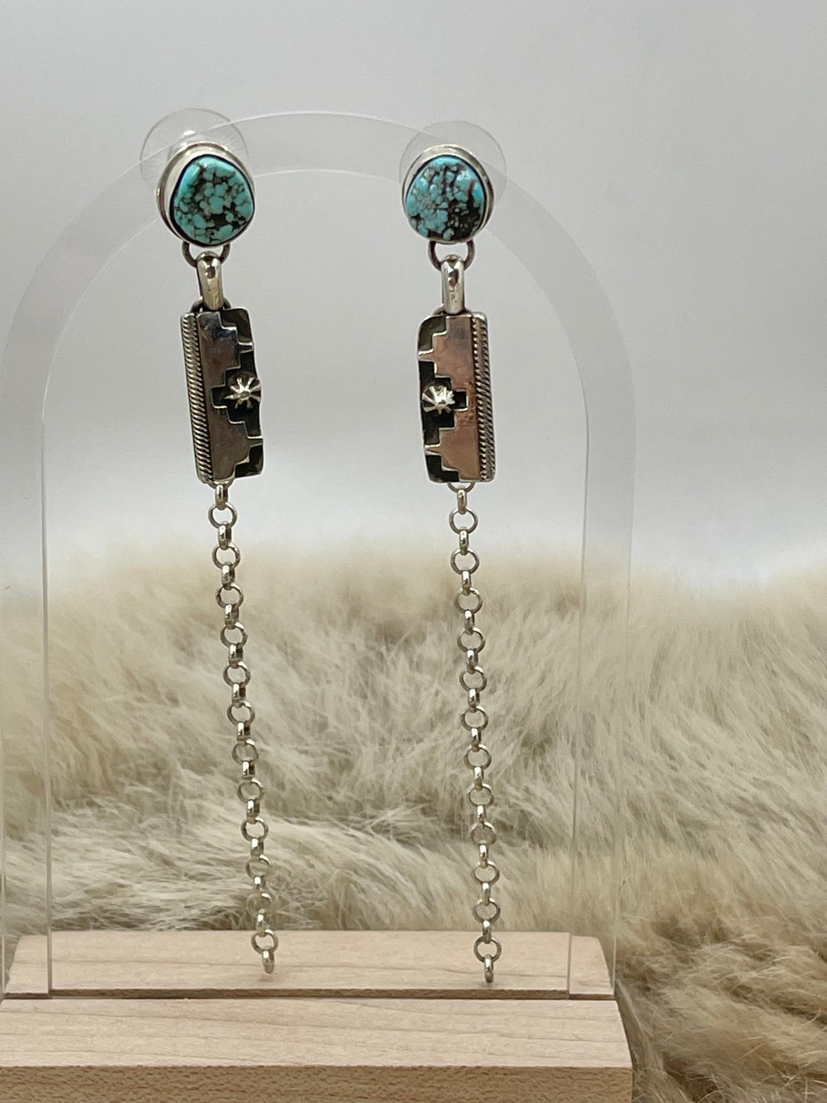 #8 Turquoise with Silver Overlay Design & Chain Earrings