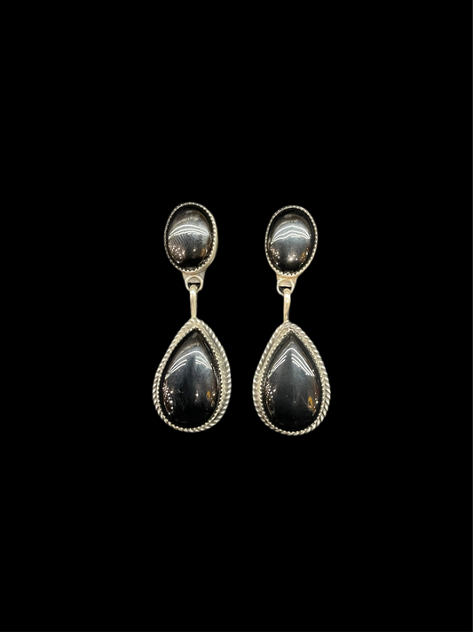 2 Stone Black Onyx Teardrop Post Dangle Earrings by Judith Dixon, Navajo