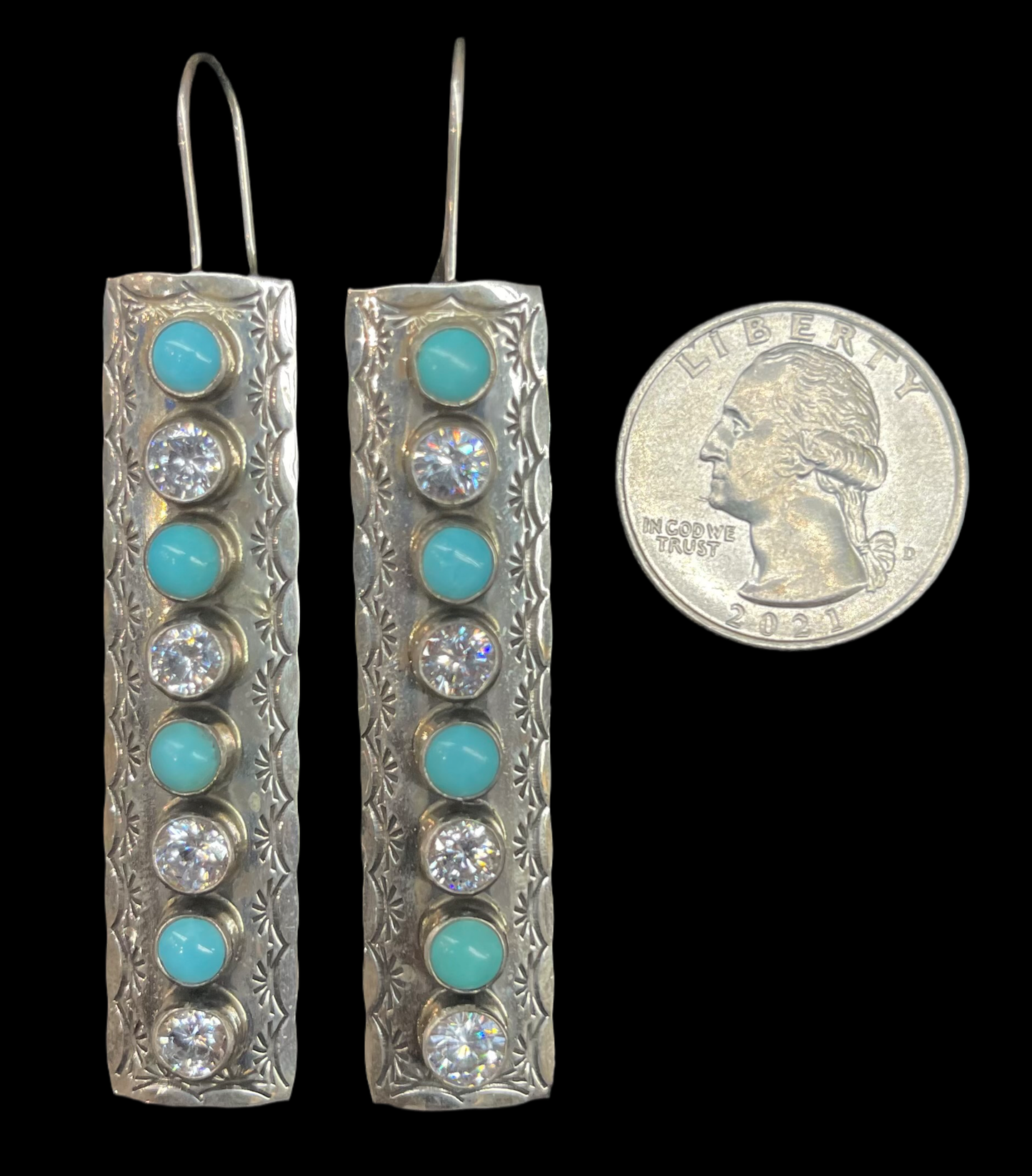 Kingman Turquoise and CZ Crystal Dangle Earrings by Renell Perry, Navajo