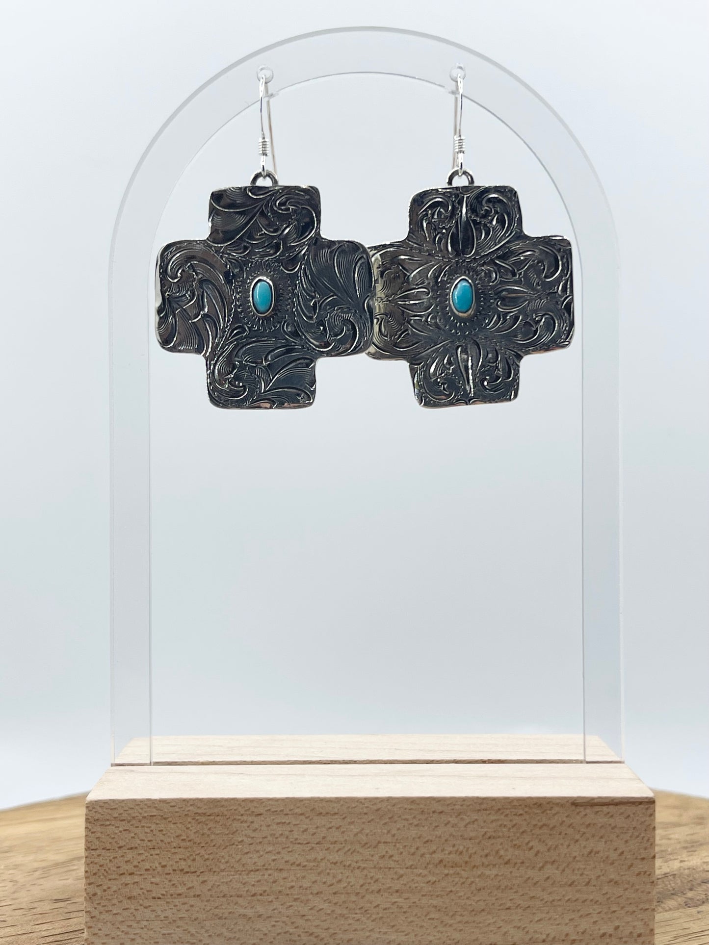 Engraved Turquoise Cross Dangle Earrings by Arthur Burgerman, Navajo