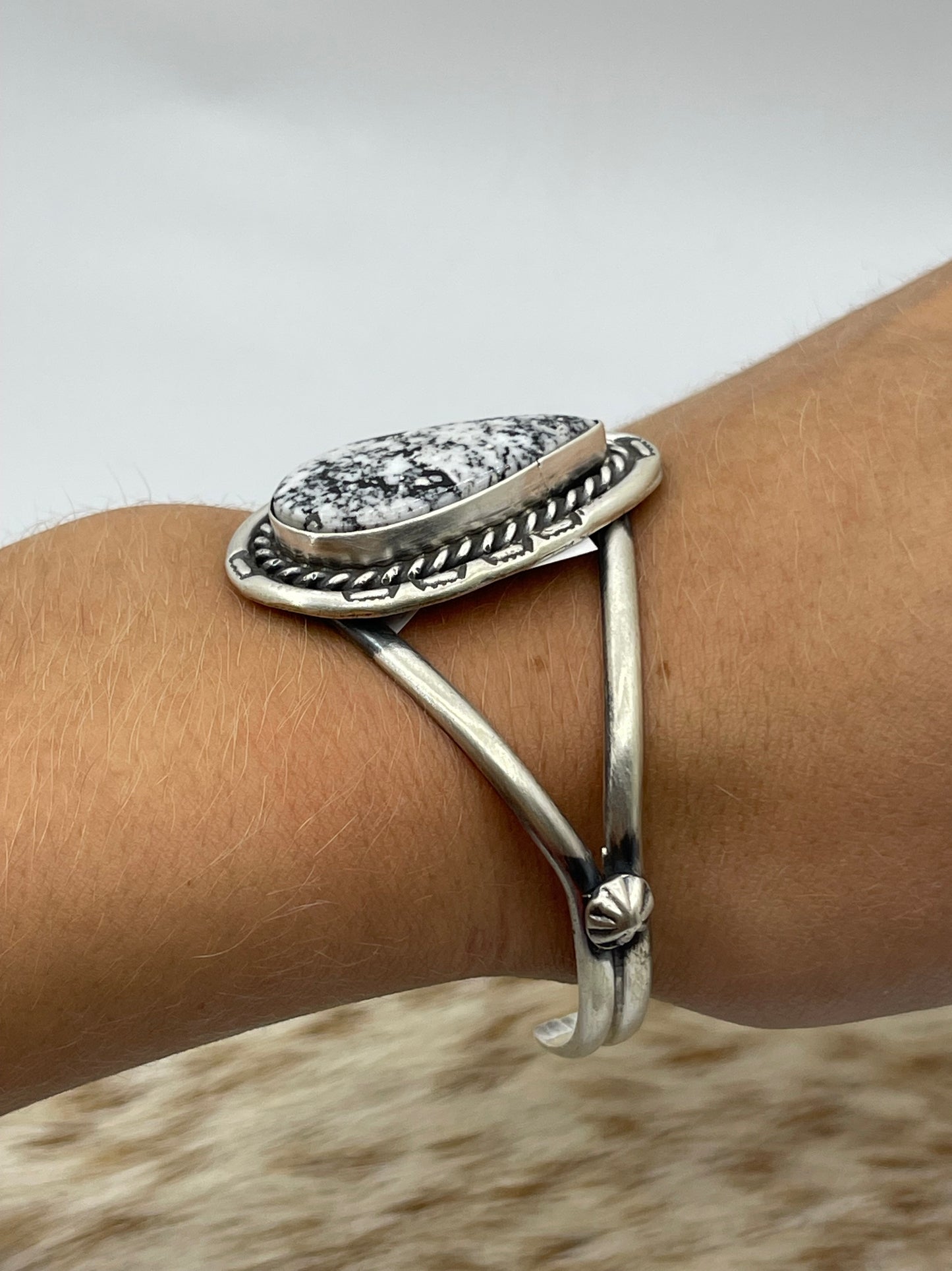 5 1/2"-7 1/2" White Buffalo Teardrop Cuff by Johnny Dixon, Navajo