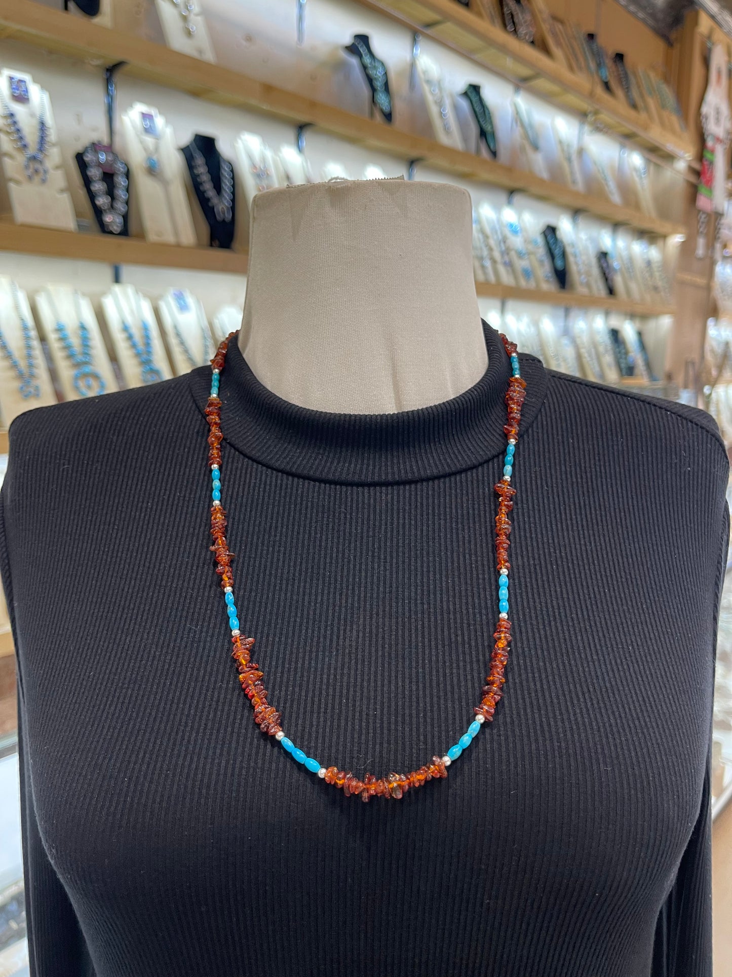 26" Amber & Turquoise Necklace by Tammy Nolcotte, Navajo