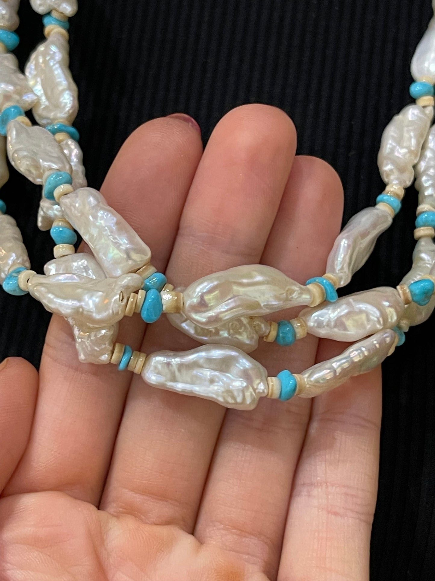 22" 3 Strand Turquoise, Freshwater pearls, and Melon Shell Necklace