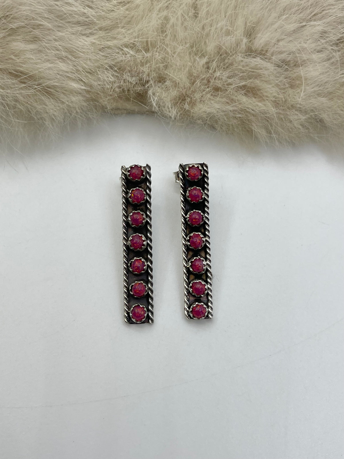Dark Pink Opal Long Rectangle Earrings by Janice Spencer, Navajo