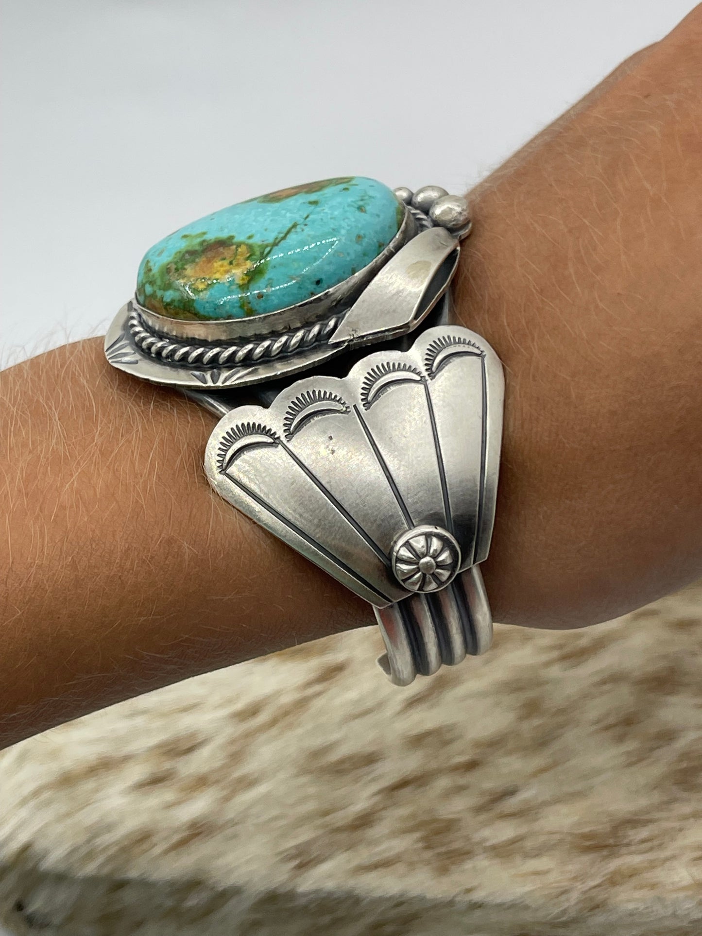 5 3/4"-7" Sonoran Gold Turquoise and Silver Cuff by Delbert Secatero, Navajo