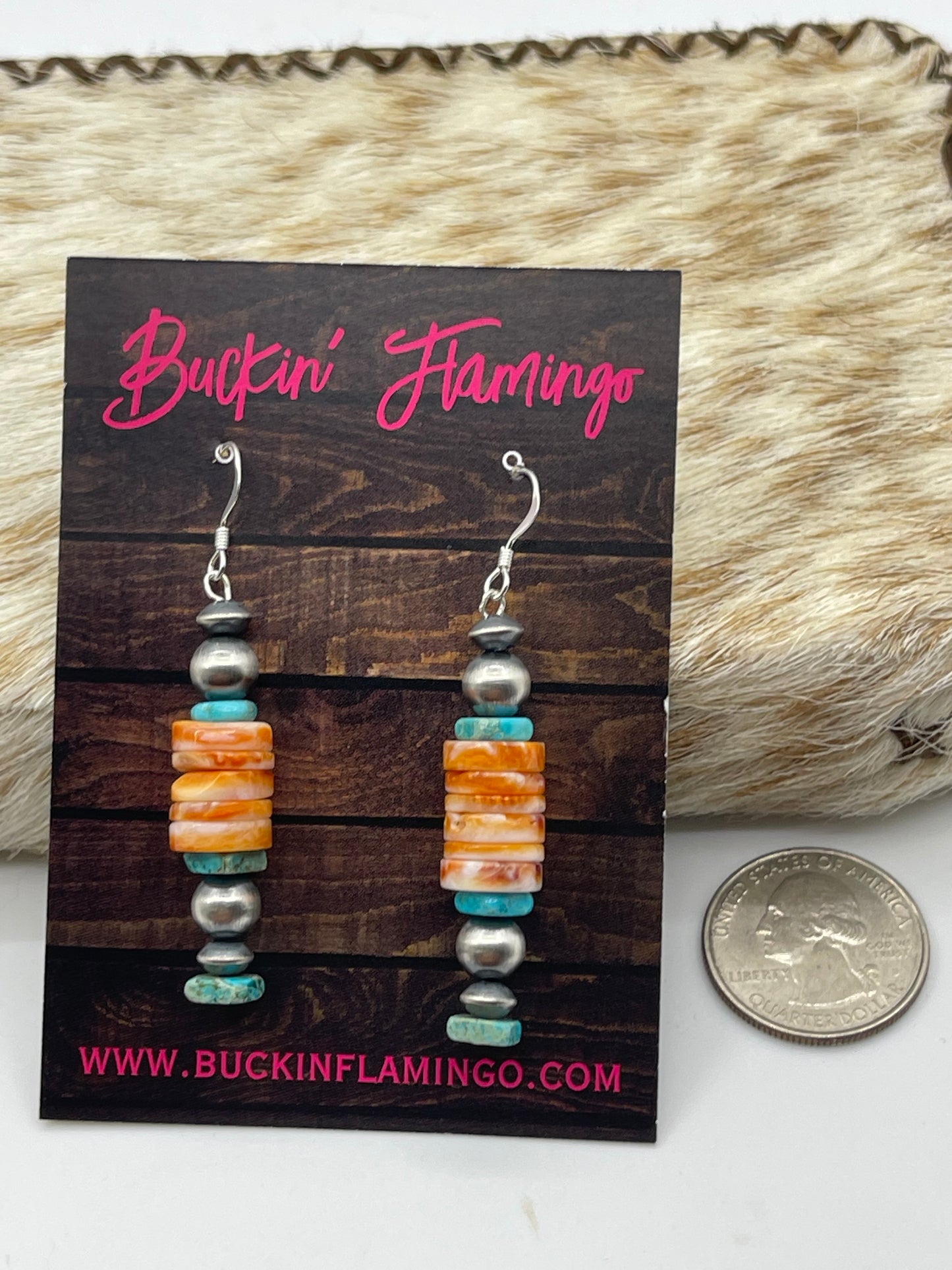 10mm Orange Spiny Oyster Heishi Beaded Dangle Earrings with Turquoise and Navajo Pearls by Isabelle John, Navajo