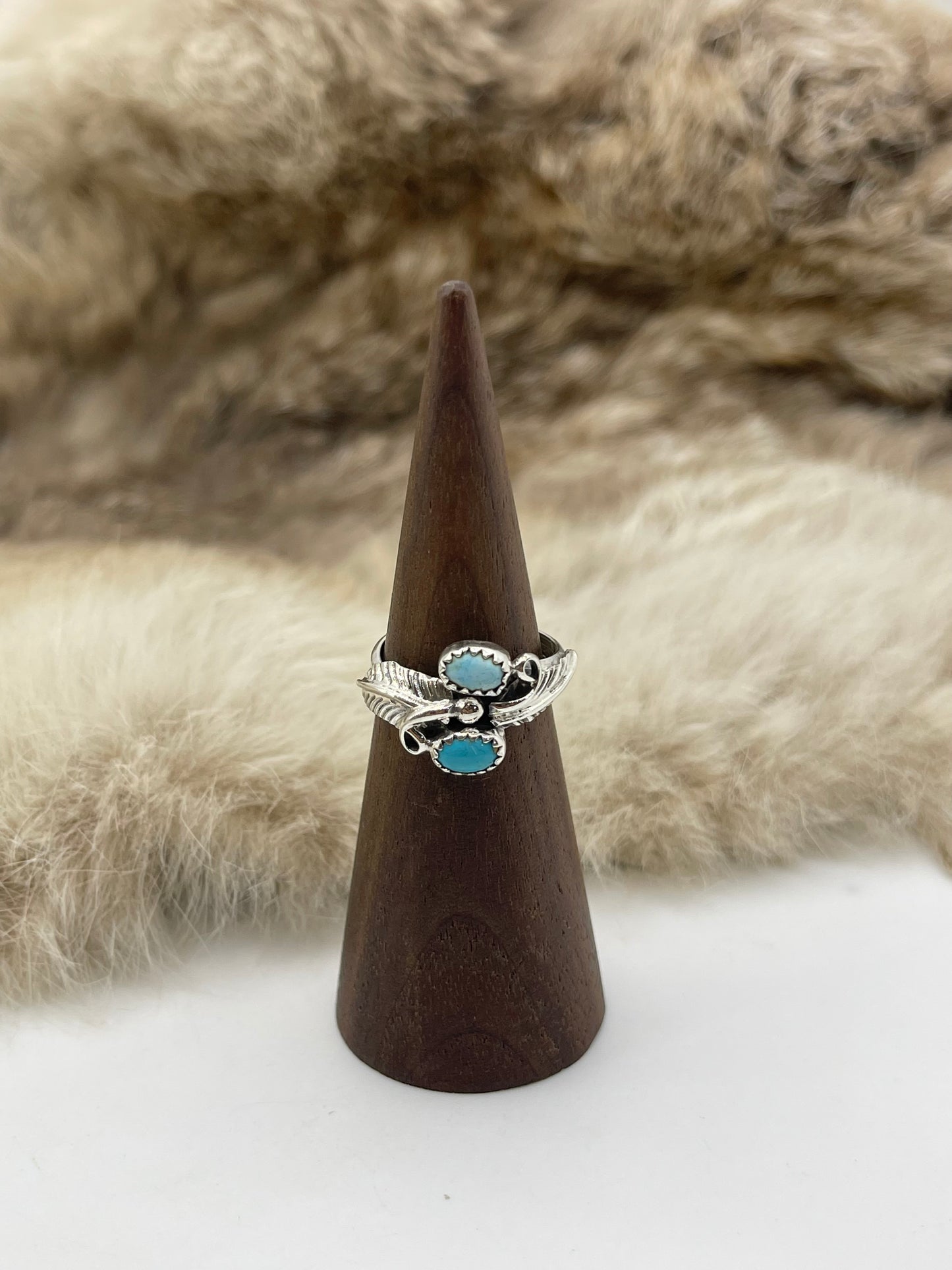 8.0 2 Stone Turquoise Ring with Feathers by Charles B. Yazzie, Navajo
