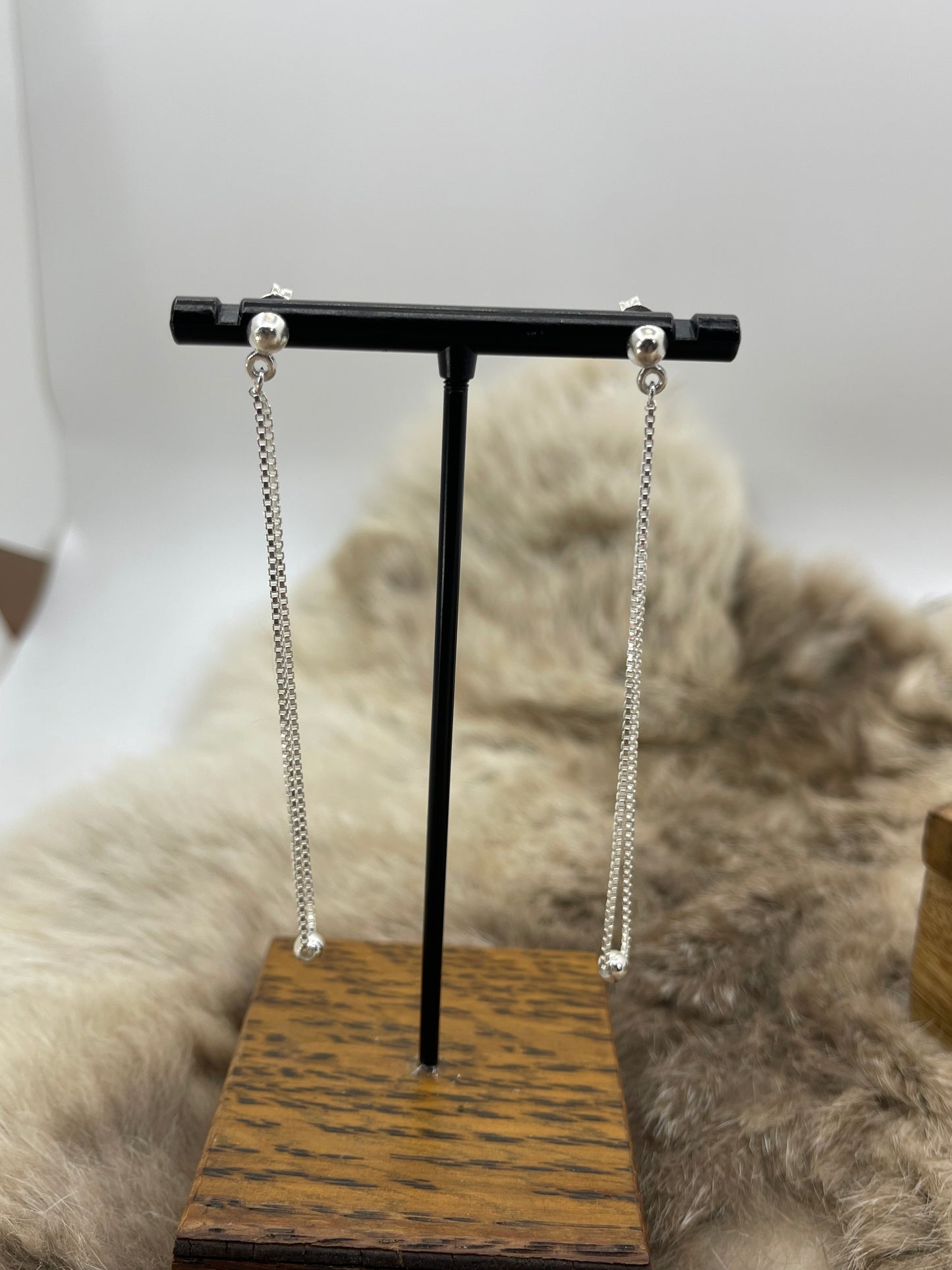Silver Chain Post Dangle Earrings with 4mm Silver Bead