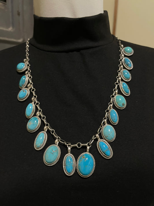 24" 17 Stone Kingman Turquoise Necklace by R. Yazzie, Navajo