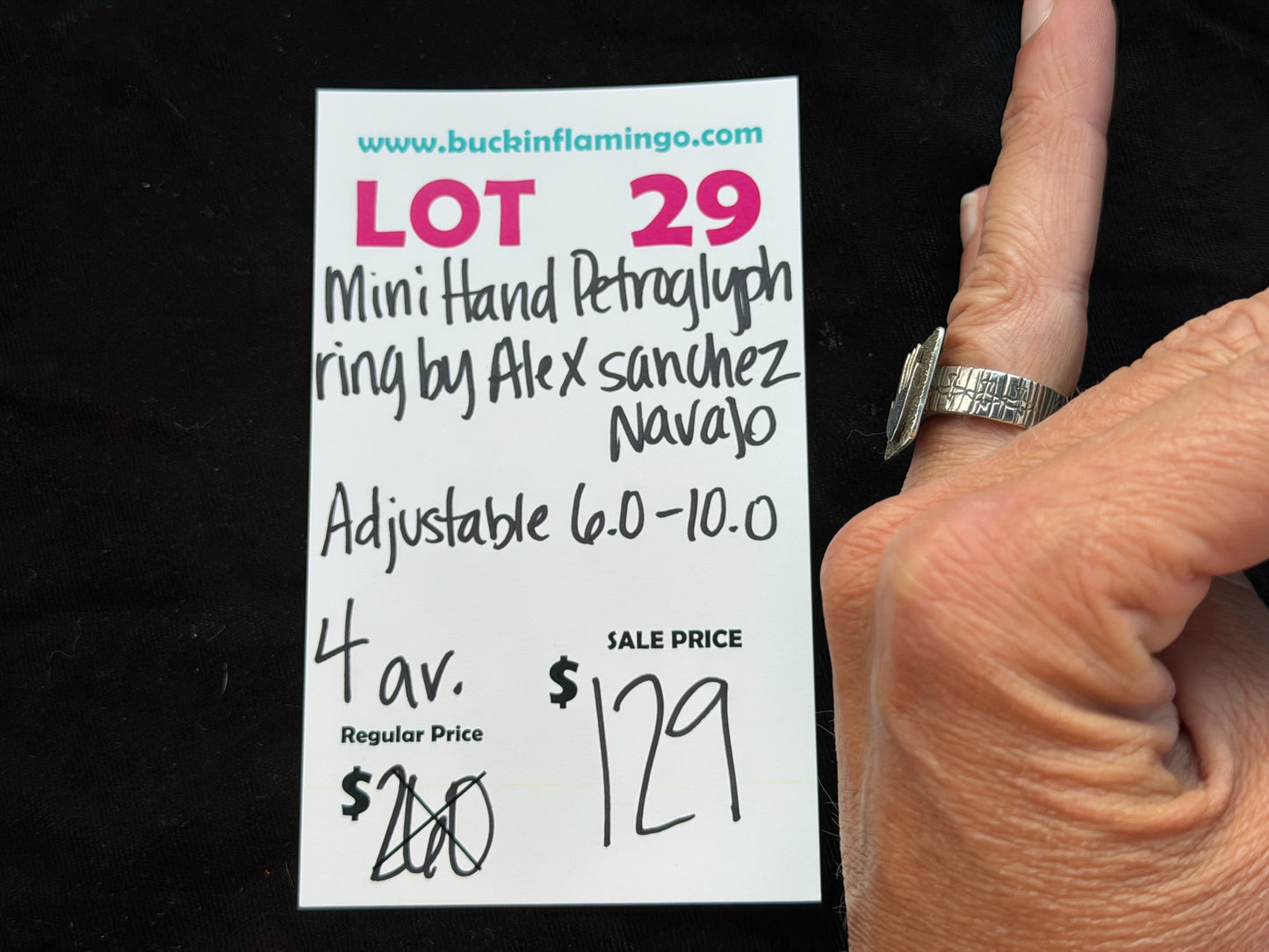LOT 29 8/9 Mini Hand Petroglyph Ring by Alex Sanchez, Navajo