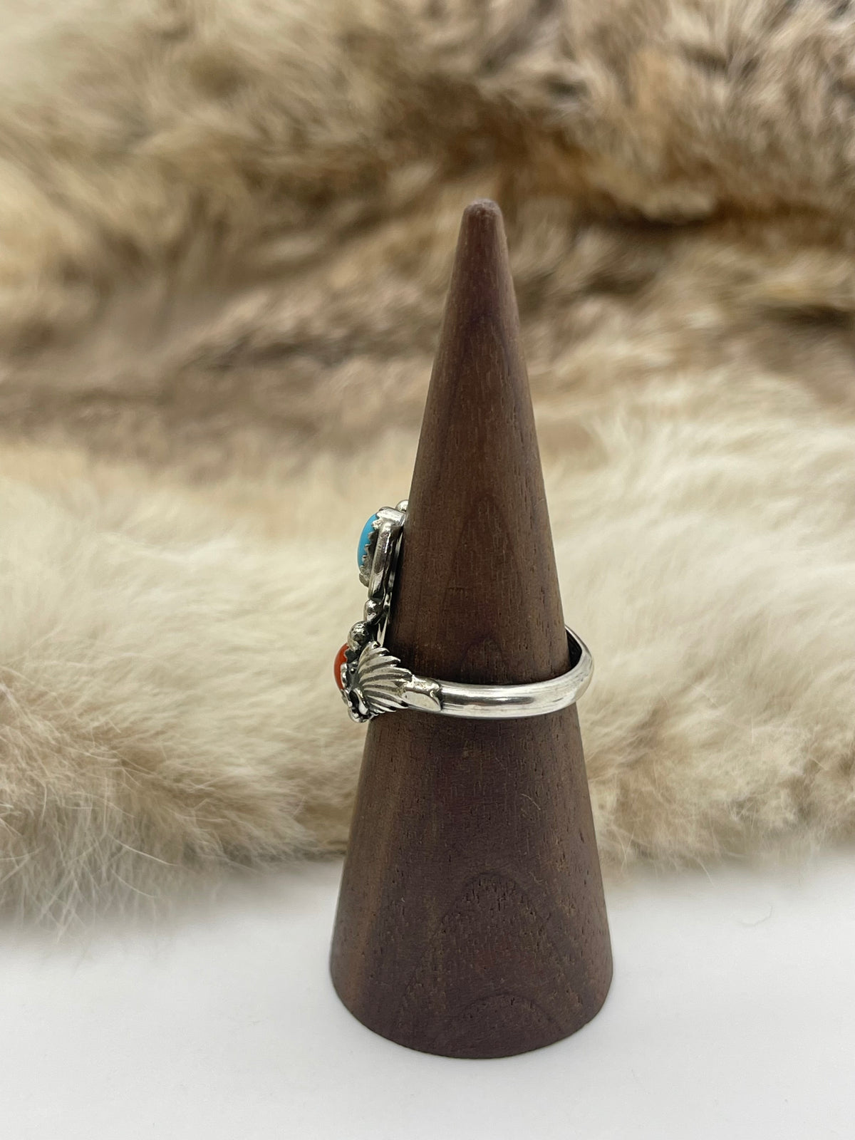 8.0 Semi-Adjustable Red Coral & Turquoise Ring by Ella Belin, Navajo
