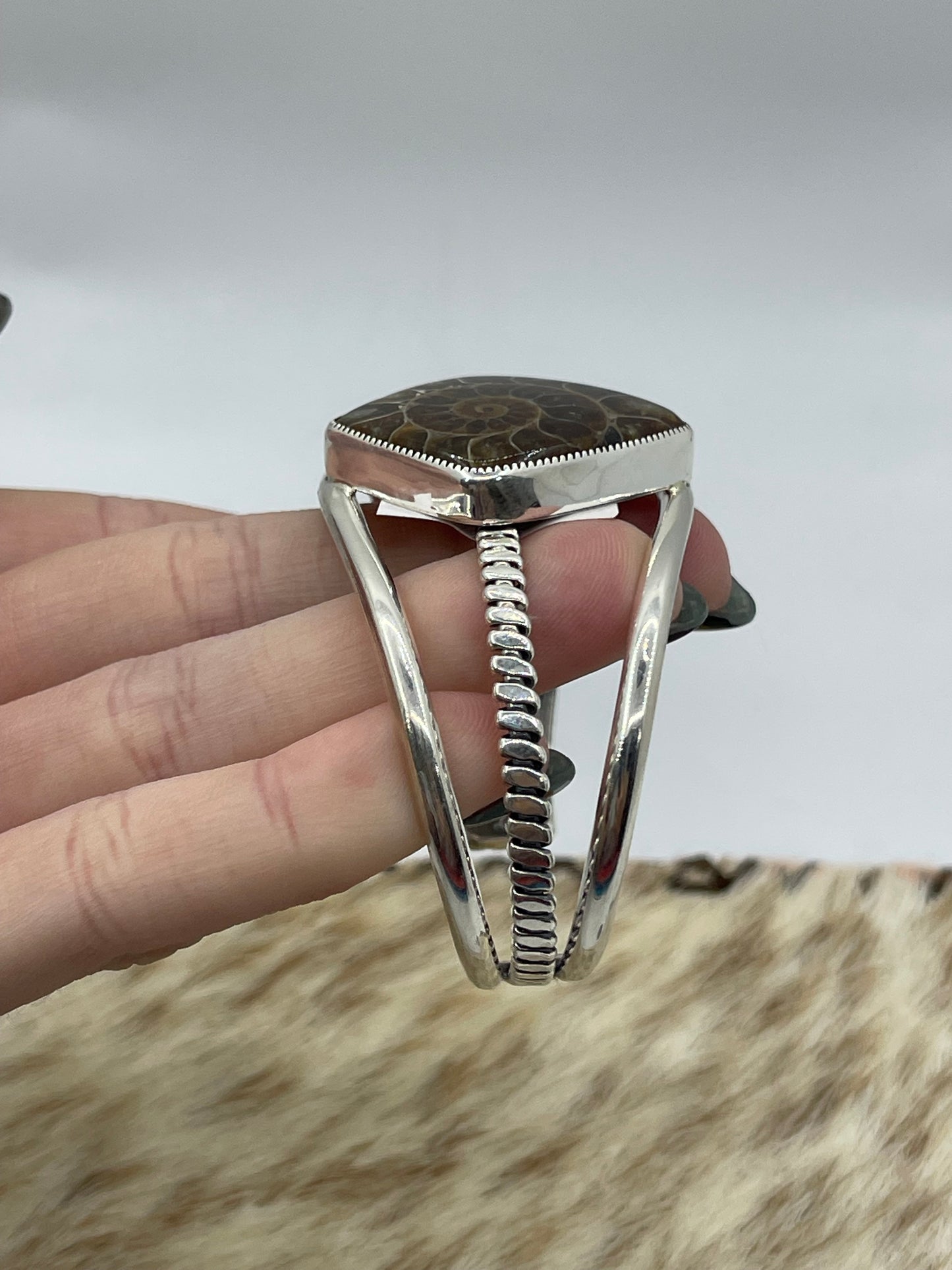 5 1/2"-7" Ammonite Fossil Cuff by Dvane Smith, Navajo