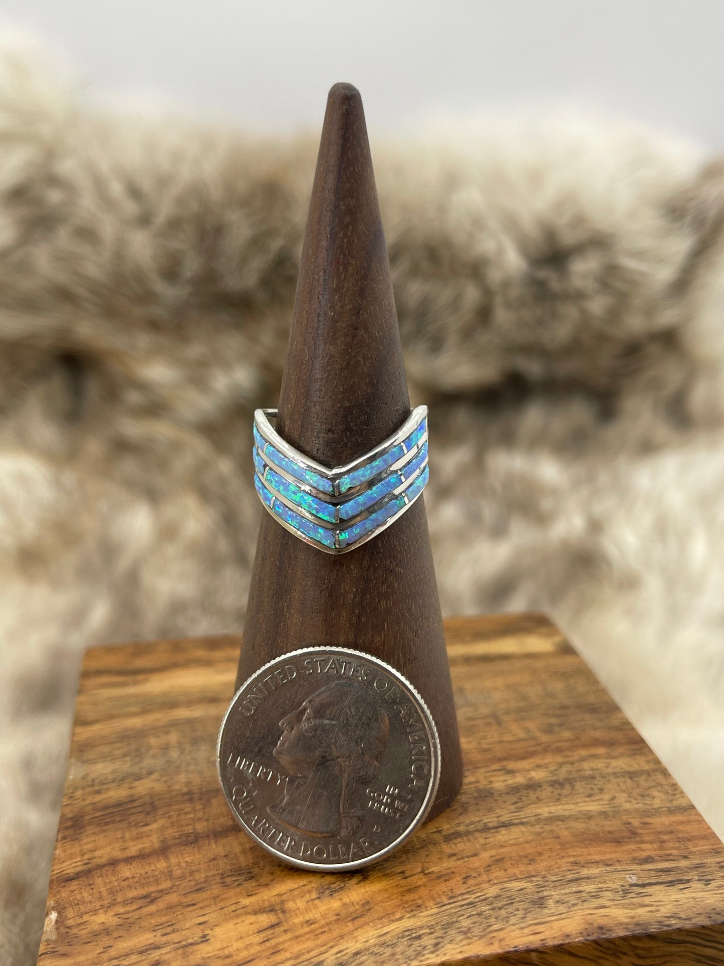 7.0 3 Row Chevron Blue Opal Ring by Andrew Enrico, Navajo