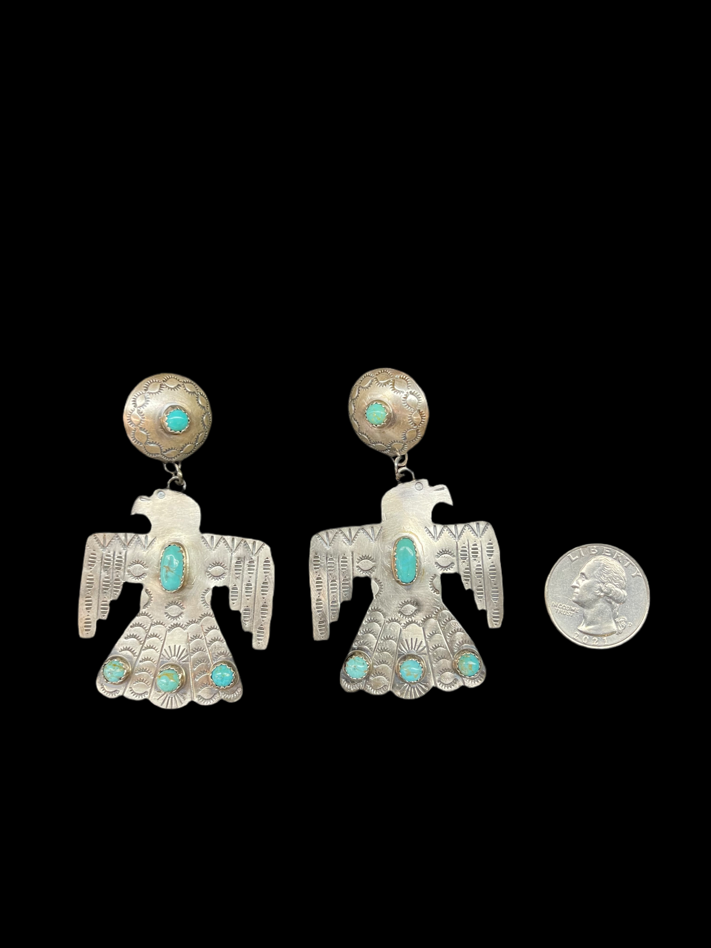 Concho Thunderbird Dangle Earrings by LJC, Navajo