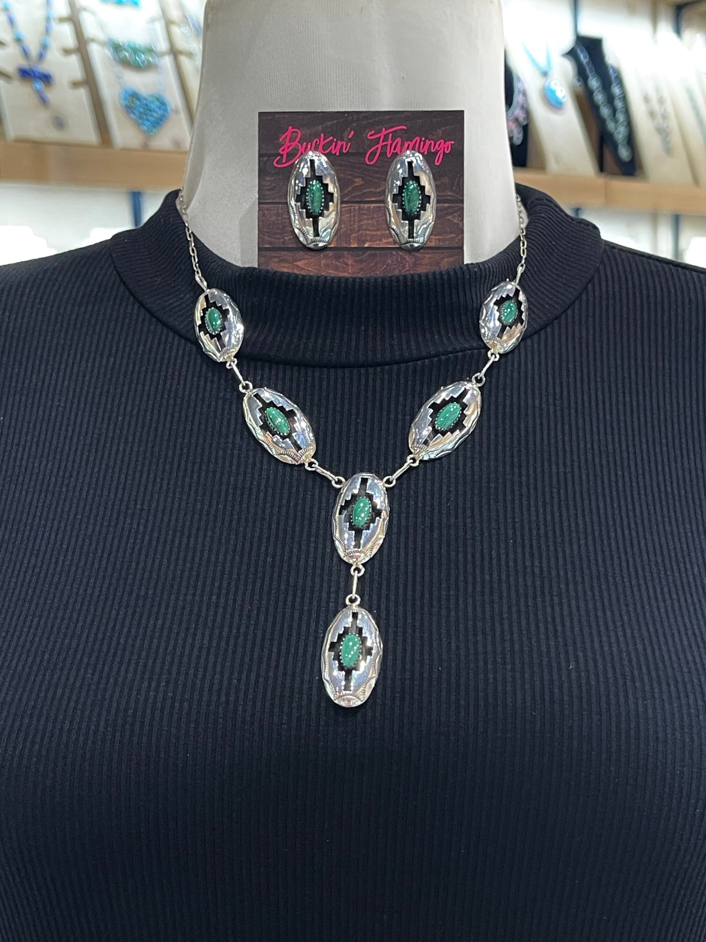 18" Green Malachite Shadowbox Lariat and Earring Set