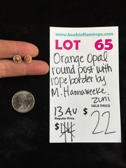 LOT 65 8/9 Orange Opal Round Post with Rope Border by M. Hannahweeke, Zuni