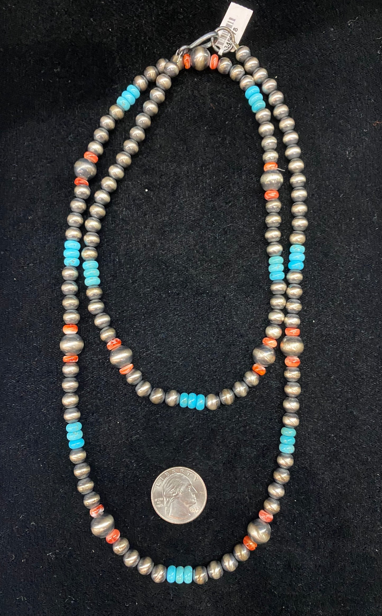 34" Graduated Navajo Pearls with Sleeping Beauty Turquoise and Spiny Oyster Shell Beads