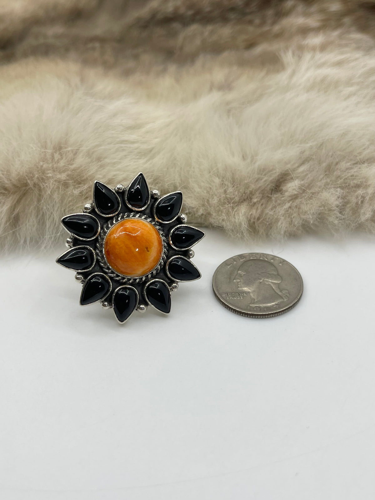 8.0 Black Onyx & Orange Spiny Cluster Ring