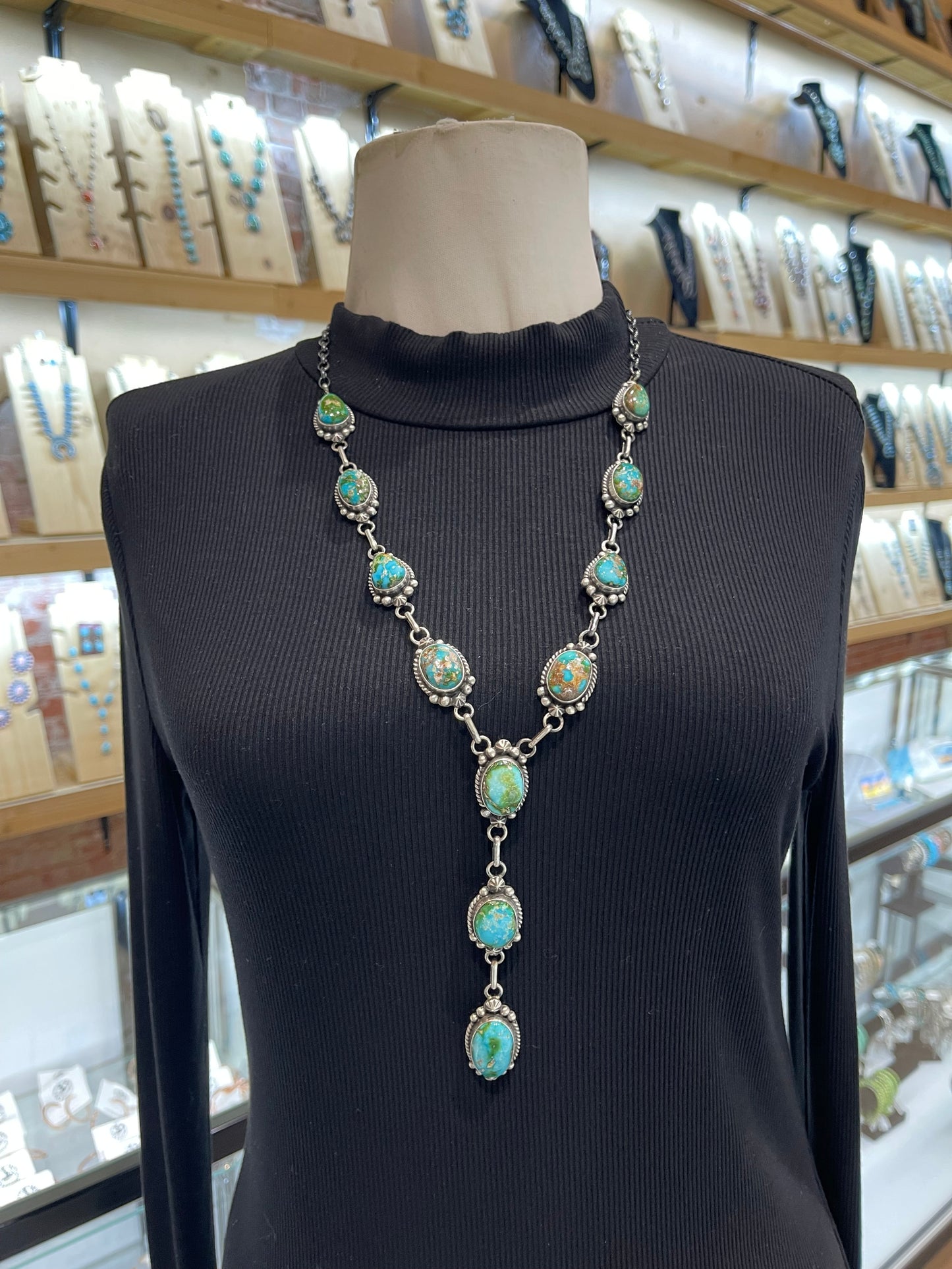 26" + 4.5" Drop Sonoran Gold Turquoise Lariat & Earring Set by Elouise Kee, Navajo
