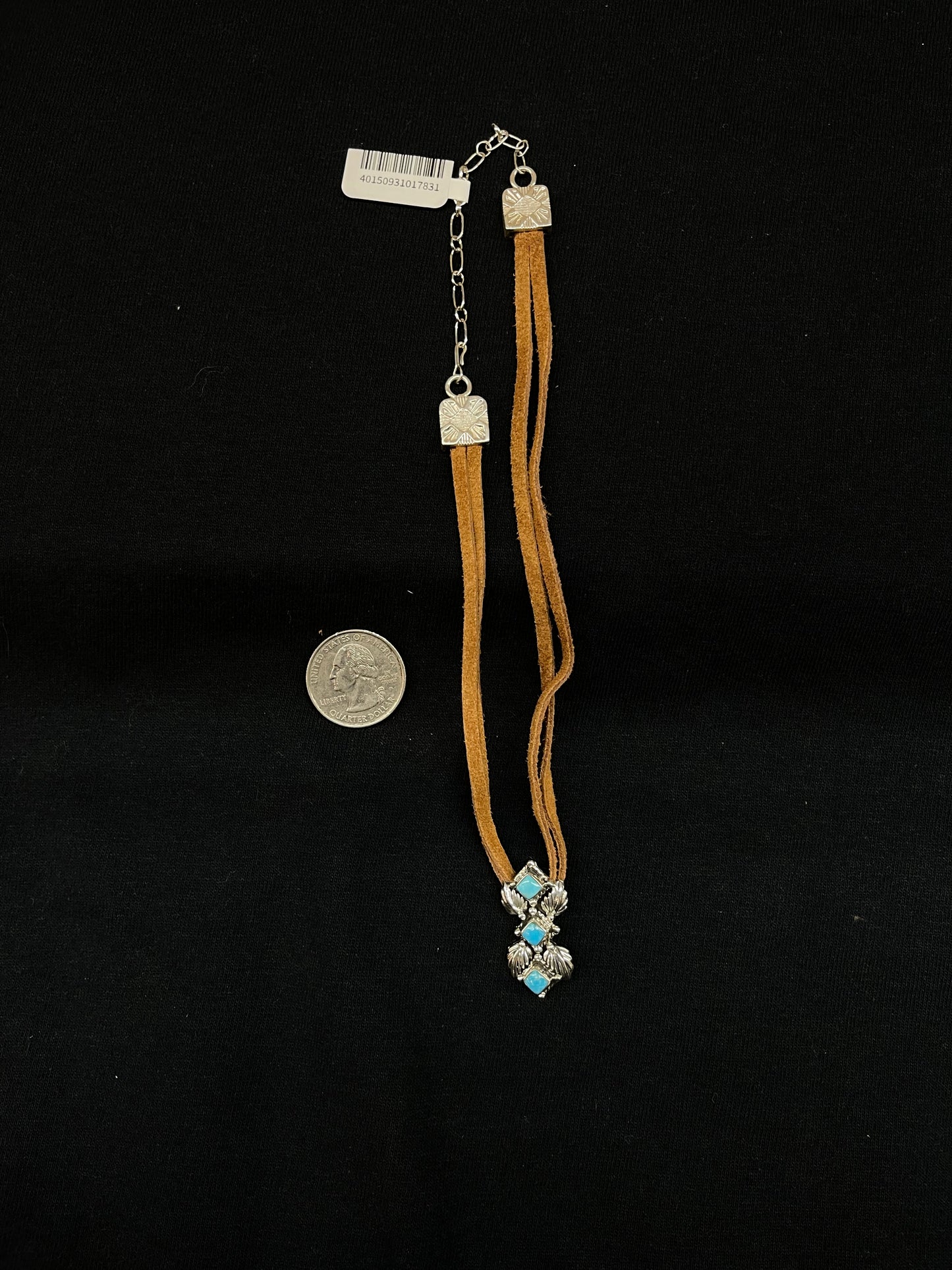 12"+3" Leather and Turquoise Necklace by Running Bear, Navajo