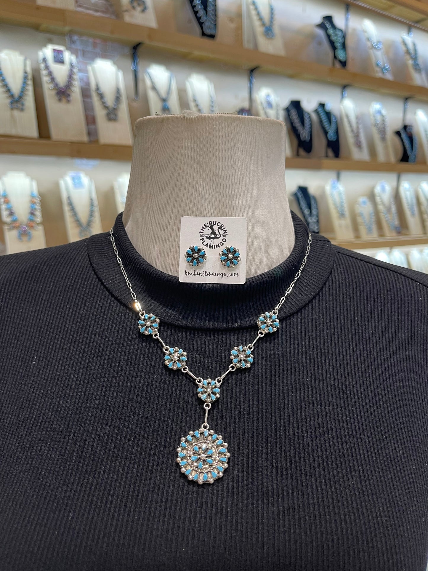 18” + 2” Drop Dainty Zuni Petit Point Cluster Lariat Necklace & Earring Set by Tricia Leekity, Zuni