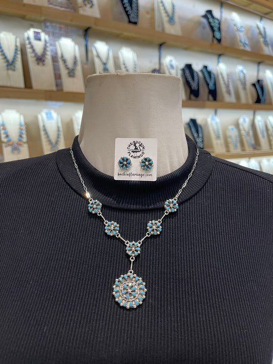 18” + 2” Drop Dainty Zuni Petit Point Cluster Lariat Necklace & Earring Set by Tricia Leekity, Zuni