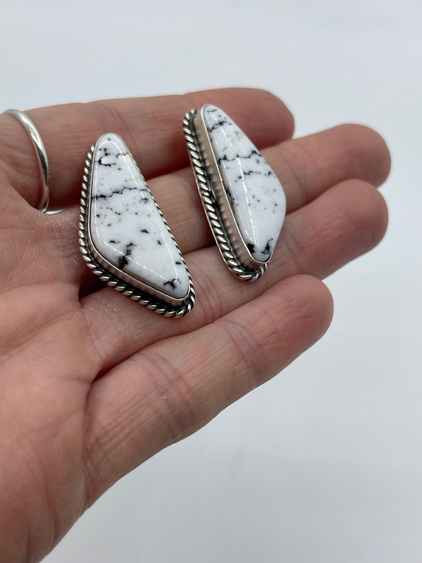 White Buffalo Triangle Post Dangle Earrings by Elouise Kee, Navajo
