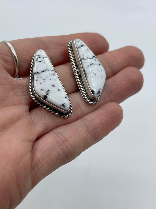 White Buffalo Triangle Post Dangle Earrings by Elouise Kee, Navajo
