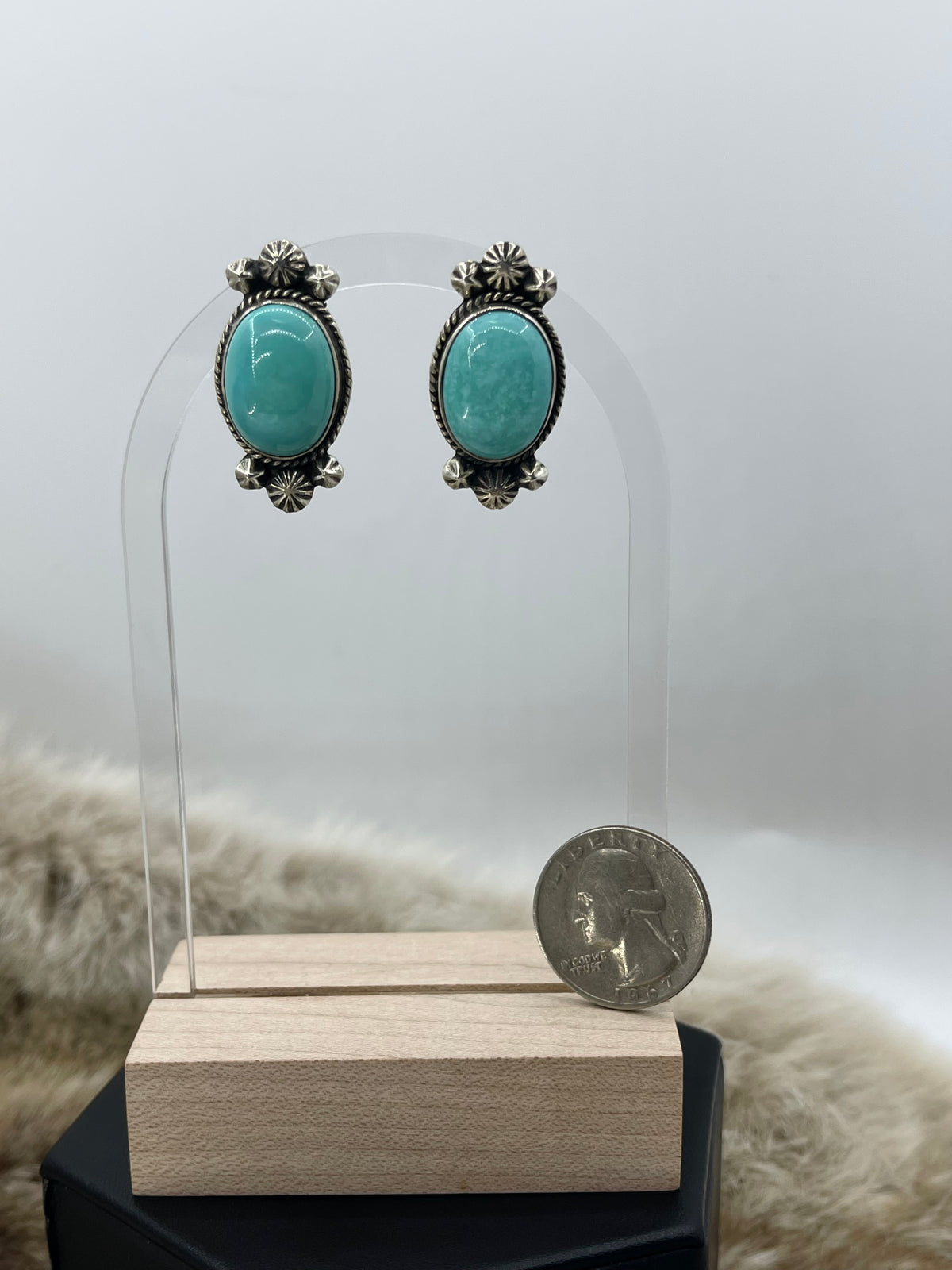 Turquoise Oval Earrings with Silver Embellishments