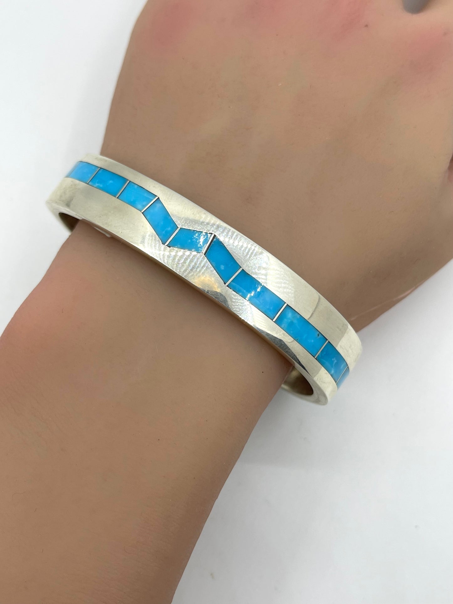 7 1/4" Turquoise Inlay Zig Zag Cuff by Lawrence Loretto, Zuni