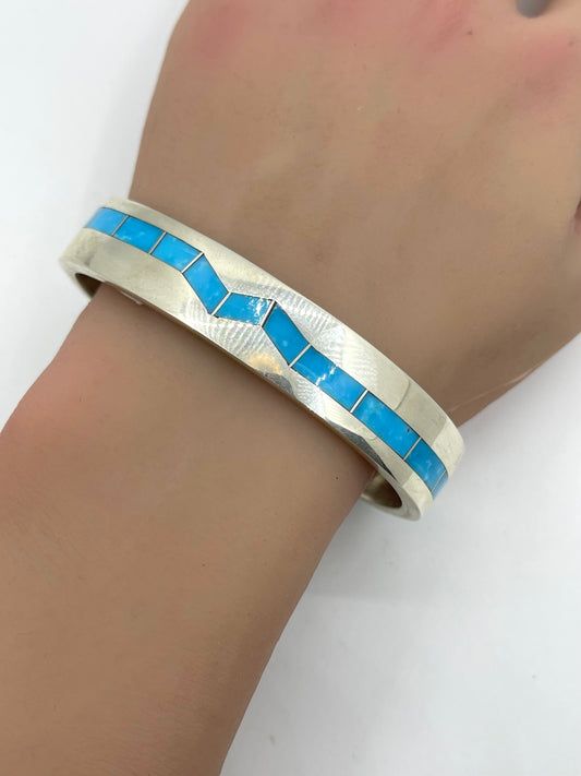 7 1/4" Turquoise Inlay Zig Zag Cuff by Lawrence Loretto, Zuni