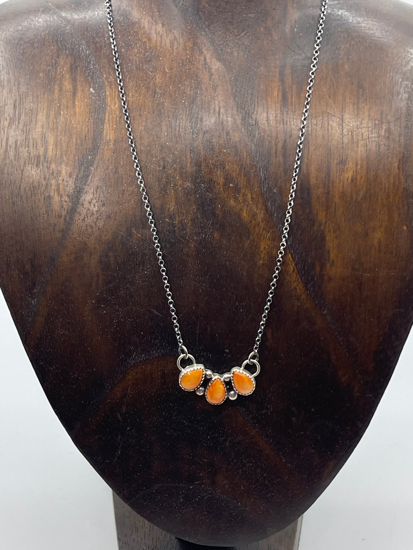 17" 3 Stone Orange Spiny Oyster Shell Necklace by Maxine Ramirez, Navajo