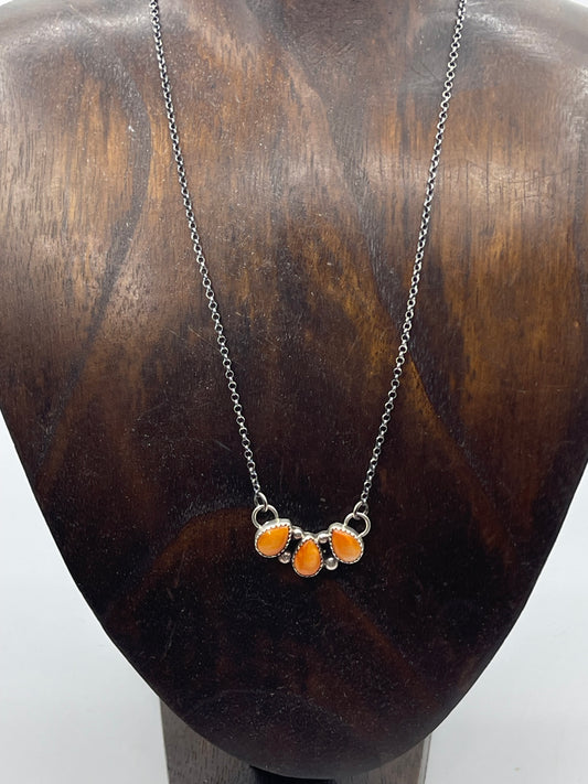 17" 3 Stone Orange Spiny Oyster Shell Necklace by Maxine Ramirez, Navajo