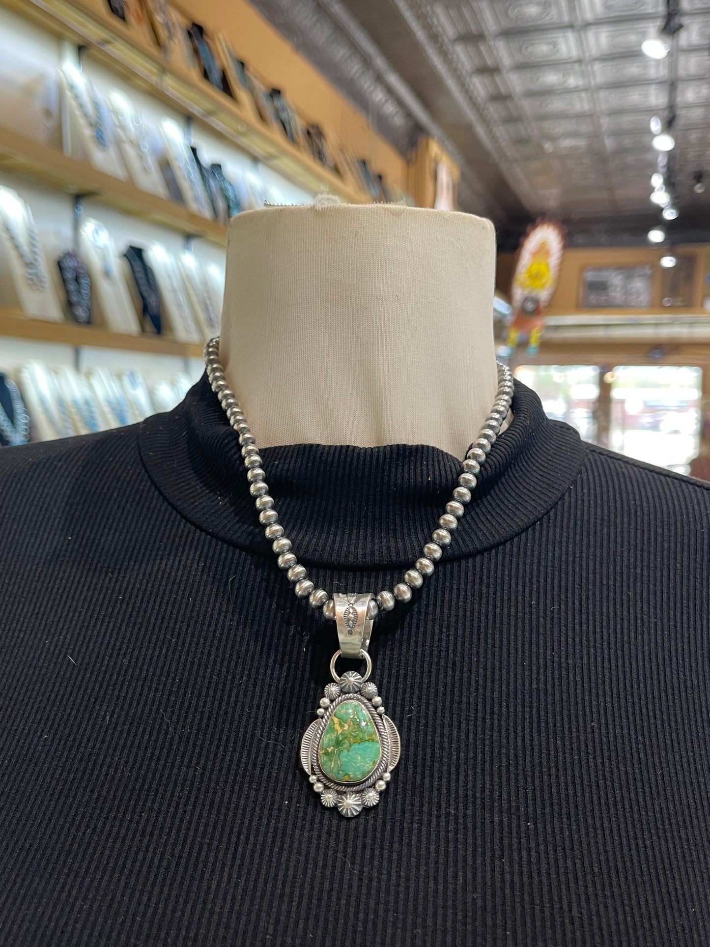Sonoran Gold Turquoise Pendant with 18" 6mm Navajo Style Pearls by Tom Lewis, Navajo