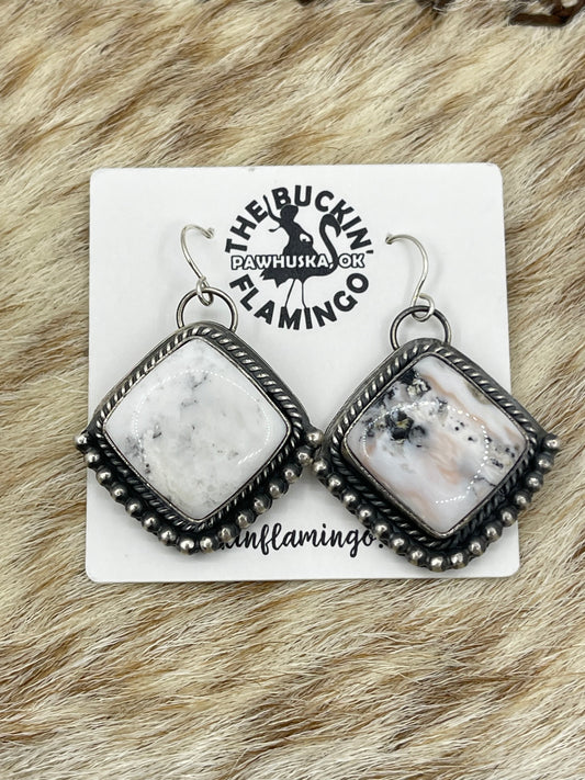 White Buffalo Diamond Shape Dangle Earrings, Navajo