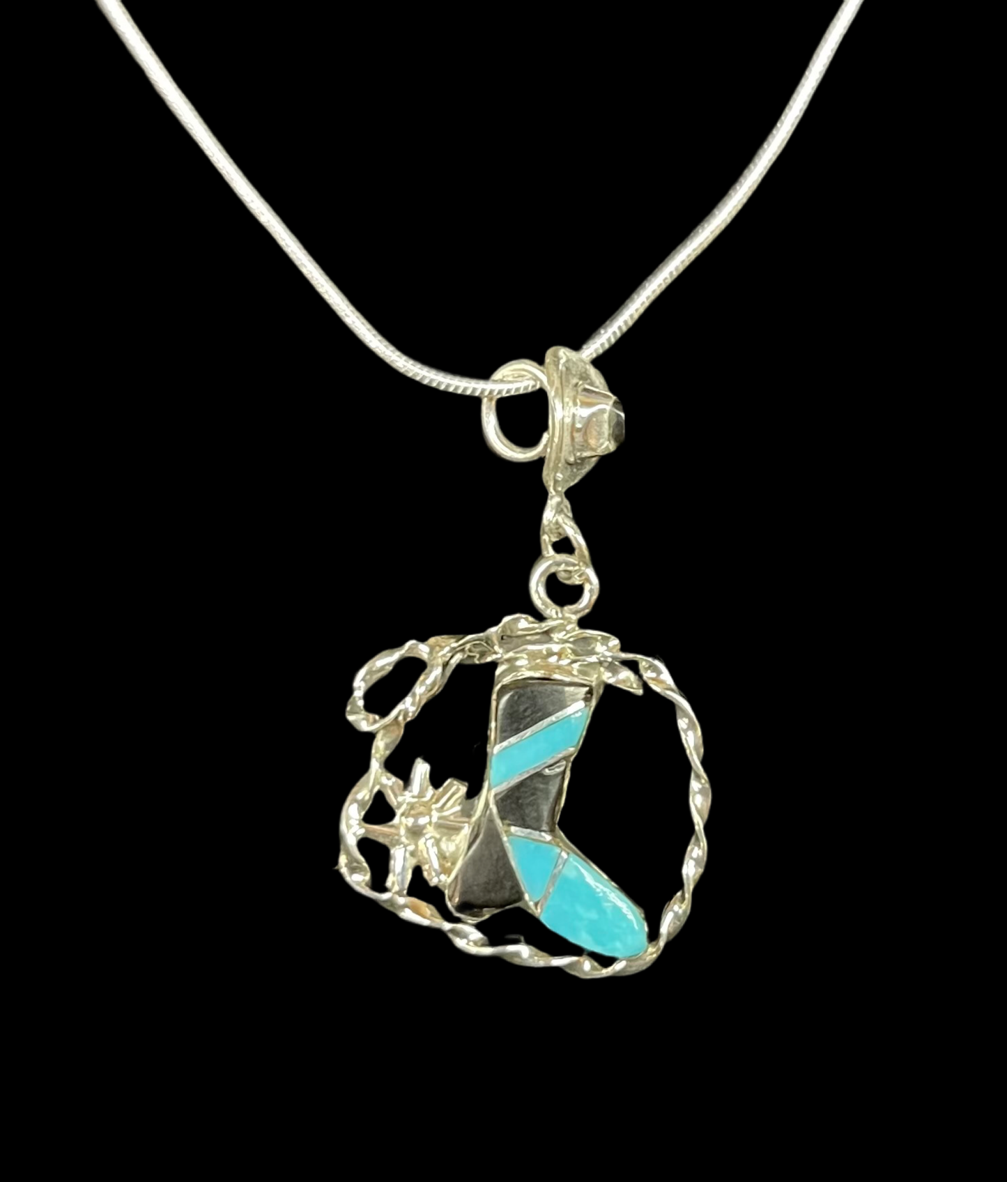 Inlay Boot, Spurs, Rope, and Hat Pendant by Leola Nastacio, Zuni