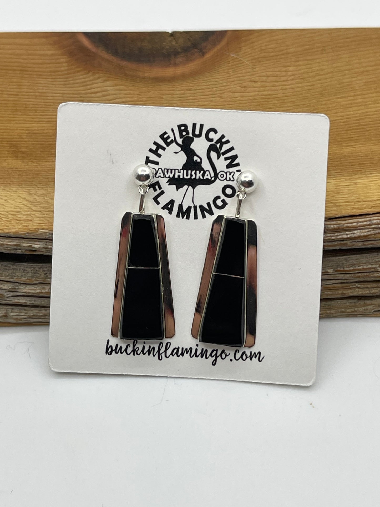 Black Onyx Inlay Post Dangle Earrings by Brenda Pete, Navajo