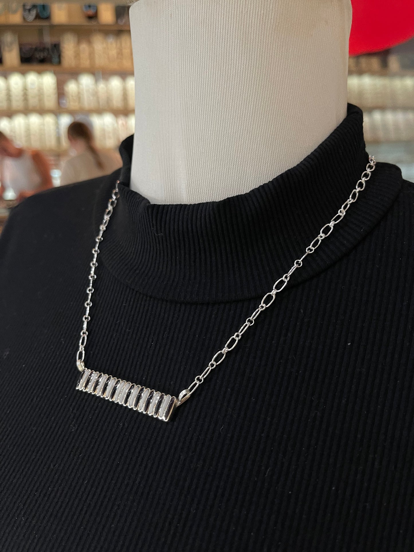 20" Black Onyx and Mother of Pearl Bar Necklace by Lucinda Sardo, Zuni