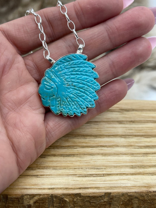 17” Carved Turquoise Indian Chief with Headdress Necklace