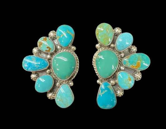 Kingman Turquoise Half Cluster Post Earrings by Elouise Kee, Navajo