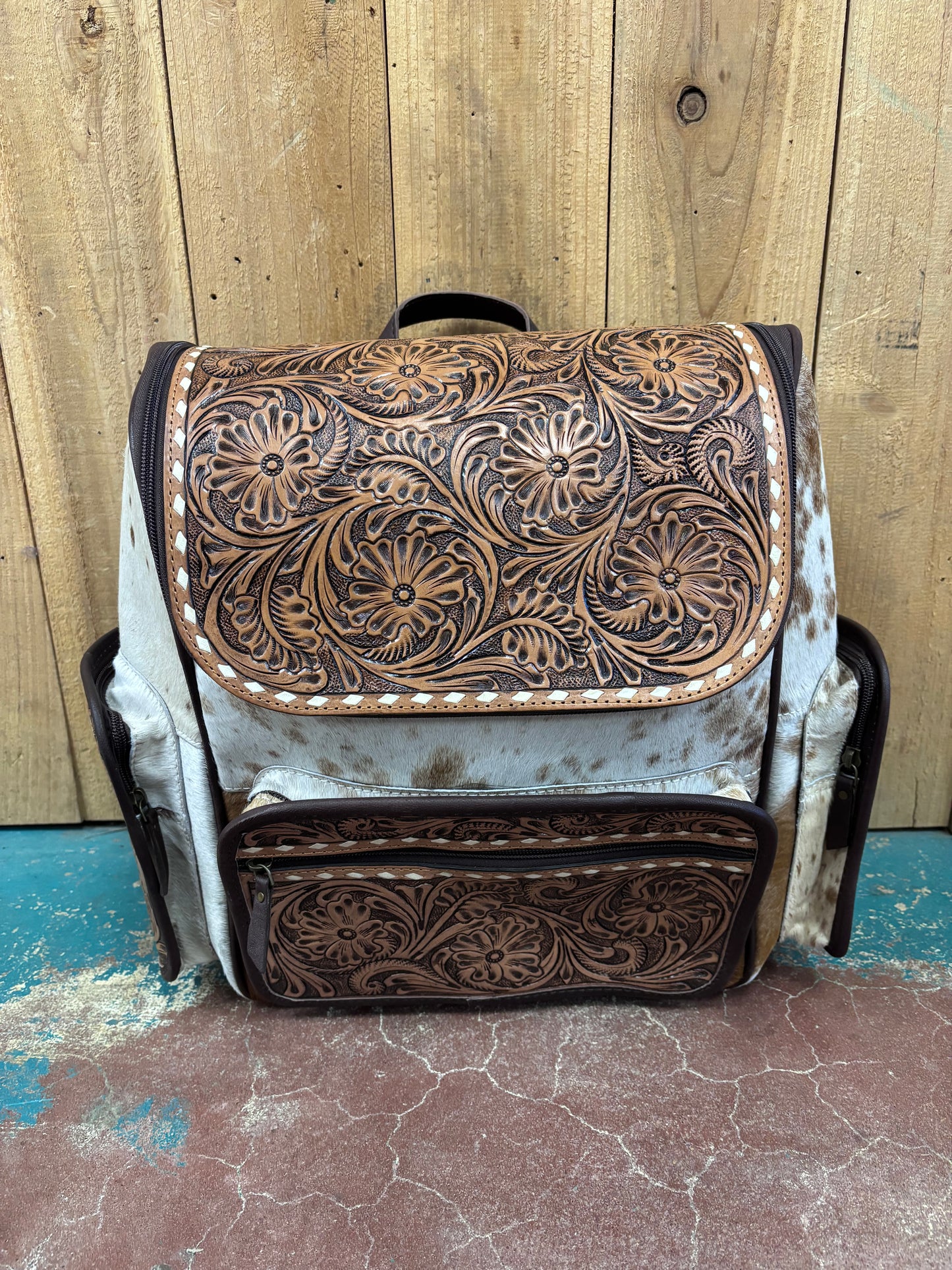 Version 2 Brown and White Cowhide Flower Tooled Leather Backpack