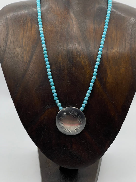 16" Turquoise Stamped Pillow Bead Necklace by Maryetta Kellywood, Navajo