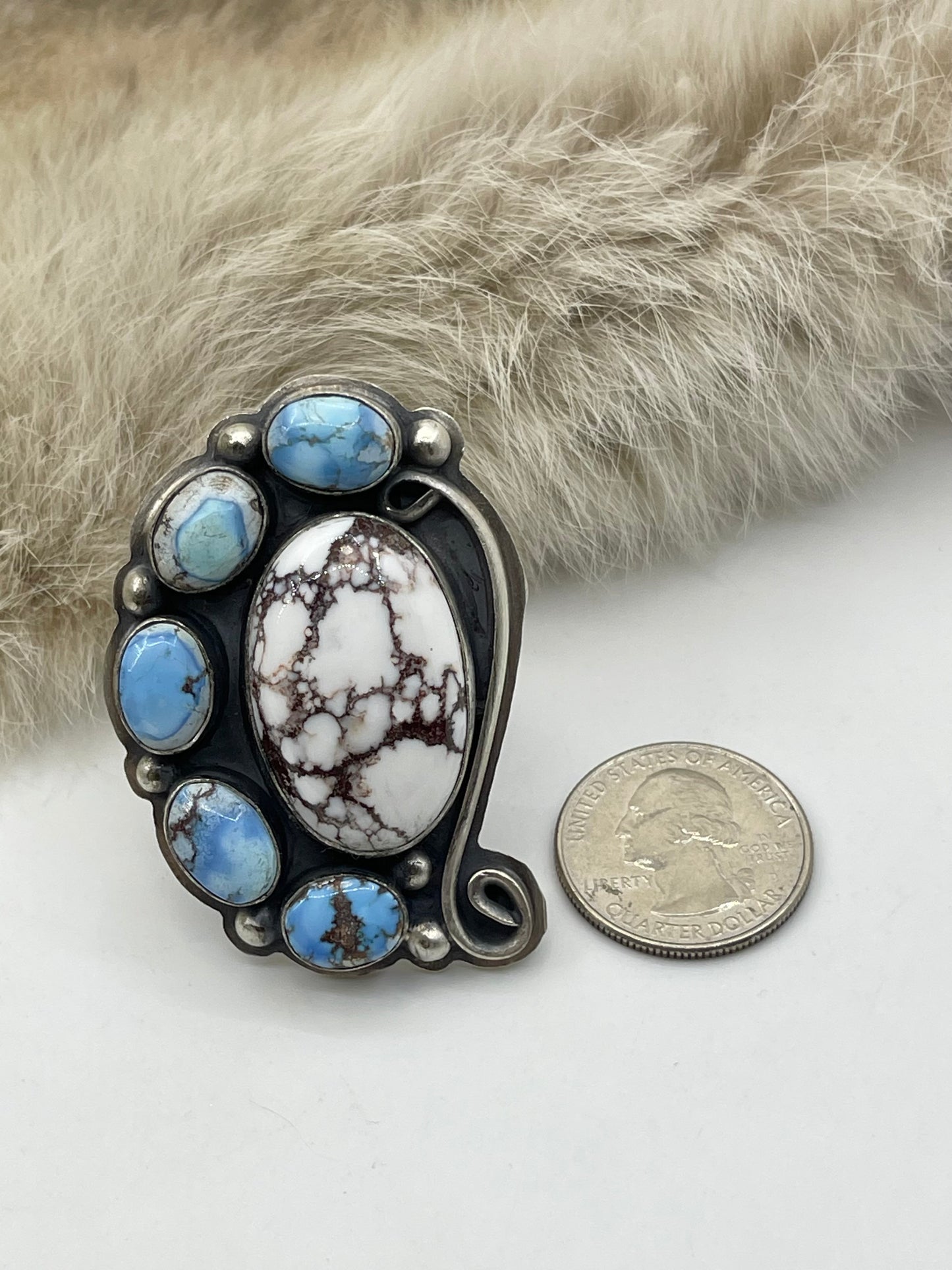 Adjustable (8.0-10.0) Golden Hills Turquoise & Wild Horse Heavy Silver Ring by Delbert Secatero, Navajo