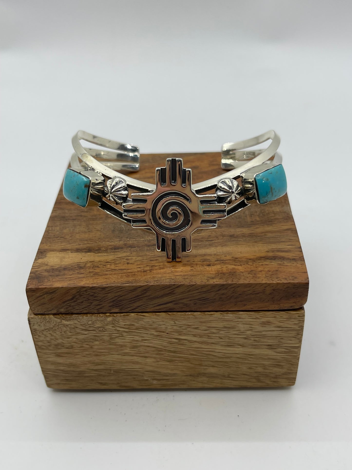 6”-6.5” 2 Stone Turquoise with Zia Symbol Cuff by Mike Smith, Navajo