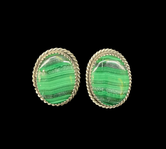 Malachite Oval Post Earrings By Freda Martinez, Navajo